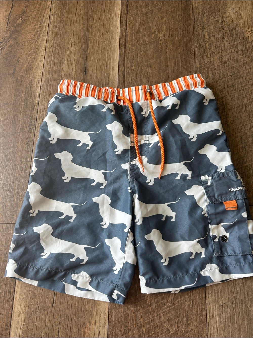 Boys Dachshund Print Swim Trunks in Navy & White with Orange Waist